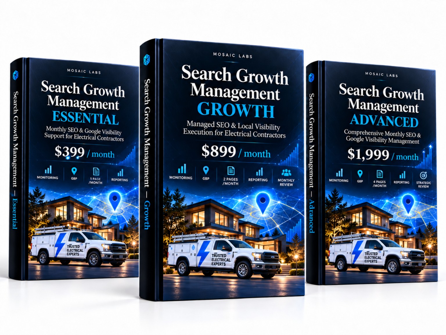 Mosaic Labs Search Growth Management Essential 399 dollars Growth 899 dollars Advanced 1999 dollars monthly